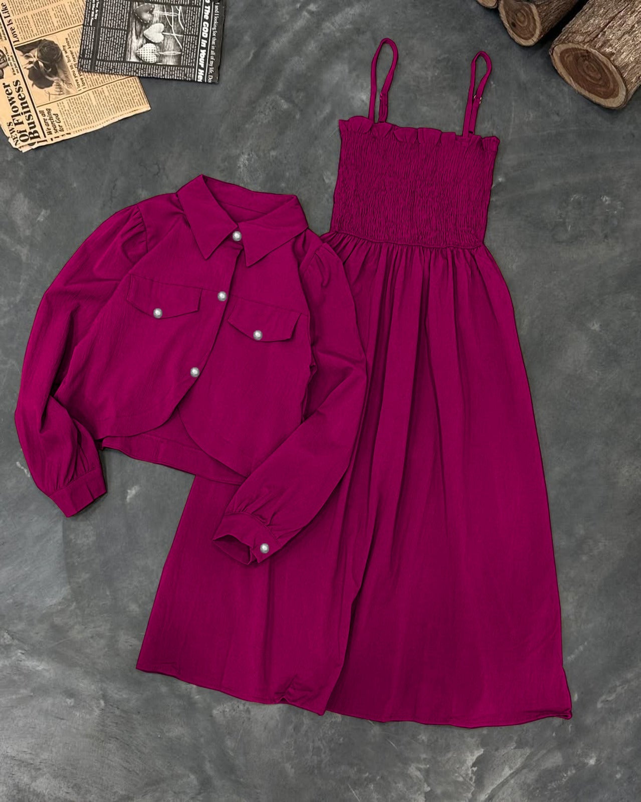Monochrome Garden Party Set: Smocked Cami Maxi + Cropped Button-Down