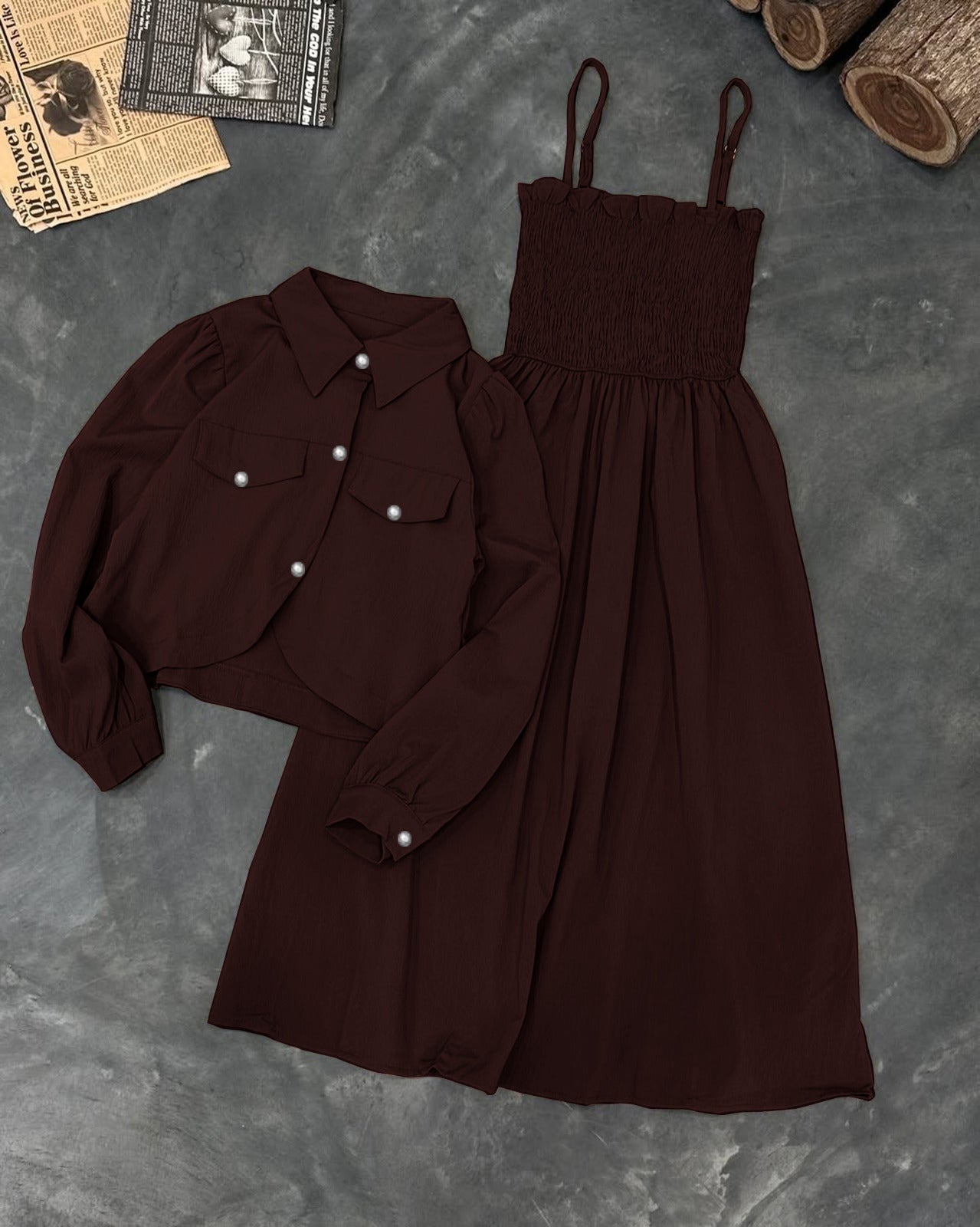 Monochrome Garden Party Set: Smocked Cami Maxi + Cropped Button-Down