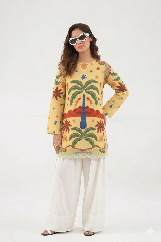 Tropical Palm Printed Kurta with Farshi Shalwar Set