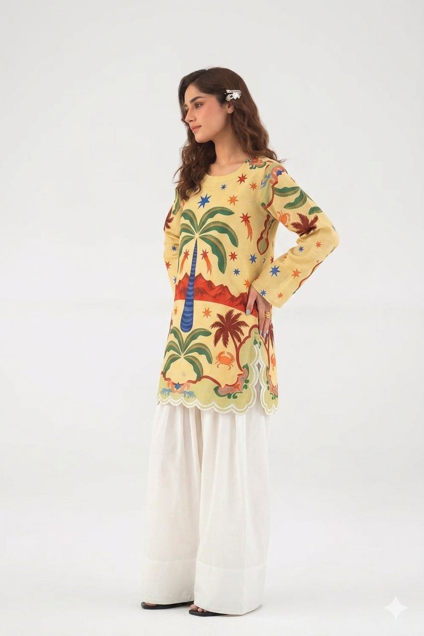 Tropical Palm Printed Kurta with Farshi Shalwar Set