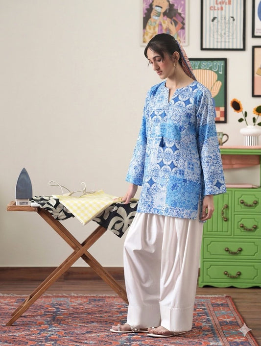 Blue Printed Kurta with Classic Farshi Shalwar White Shalwar