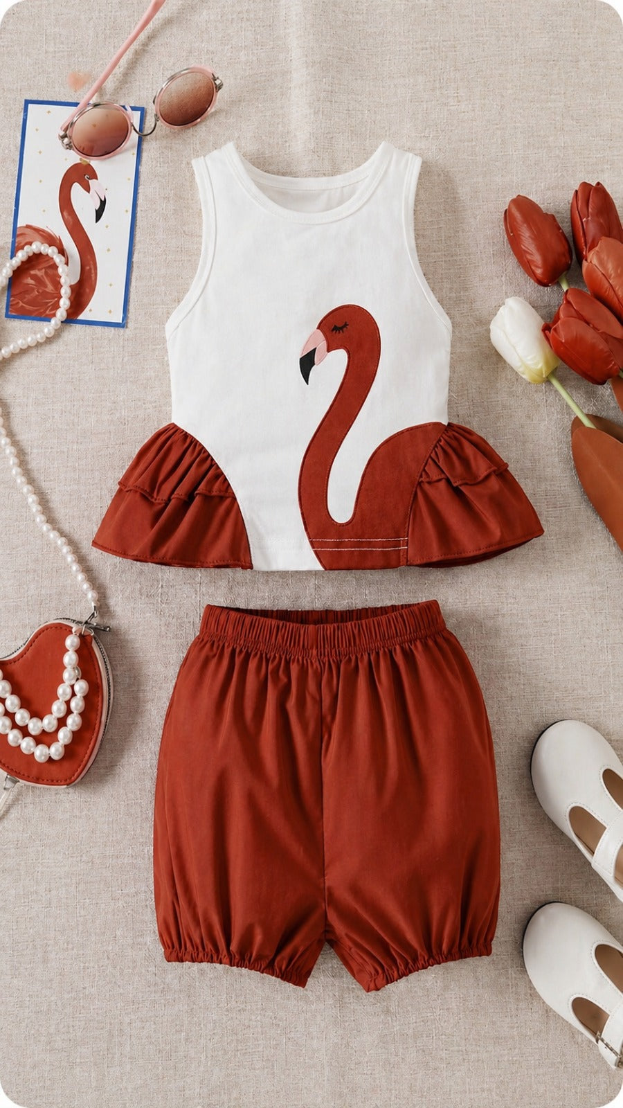 Kids Premium Soft Jersey Flamingo Ruffle Top & Shorts Summer Set – 2-Piece