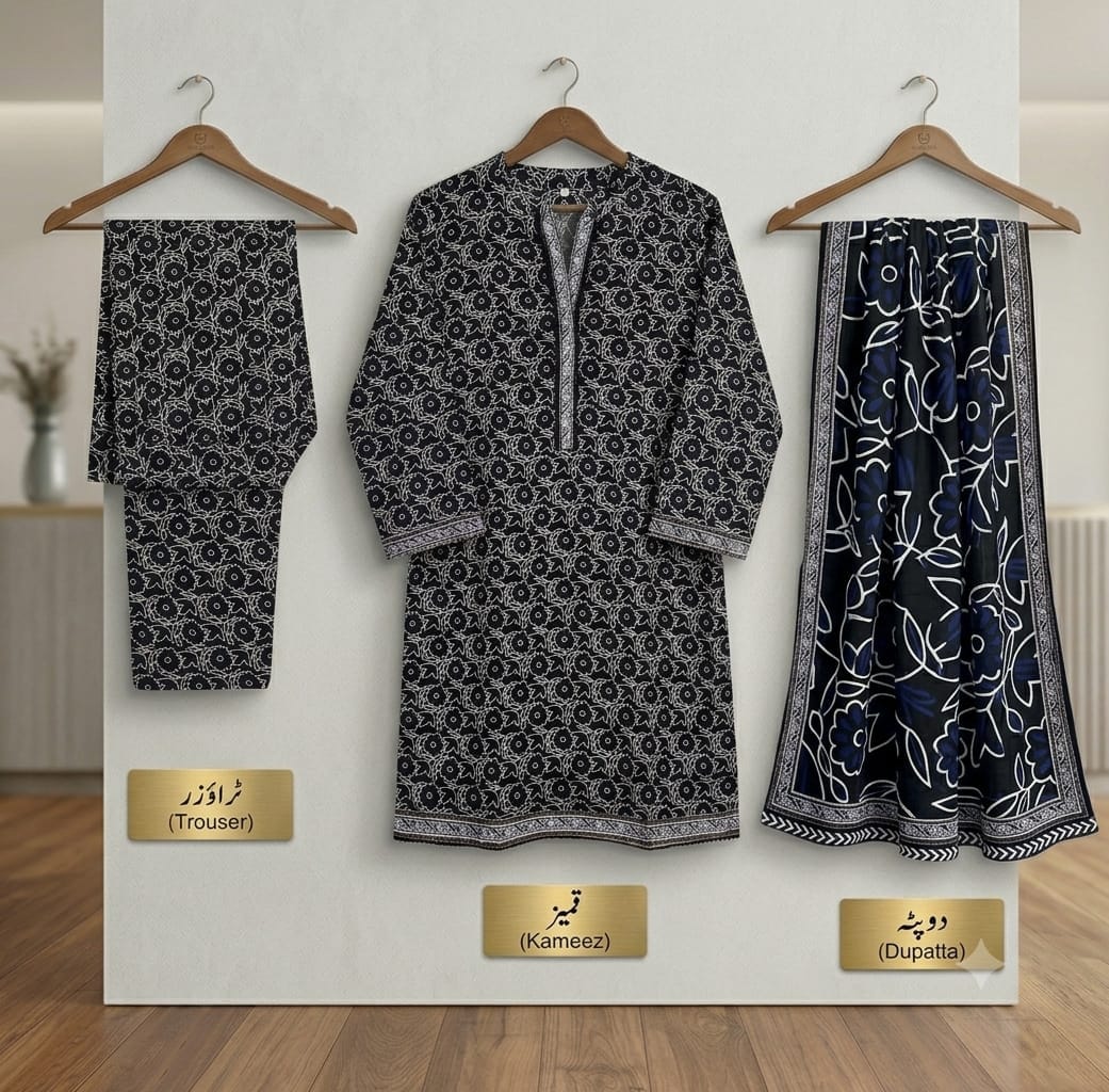 Indigo Geo-Floral Bareeza Pure Lawn Stitched Suit (3 PCS)