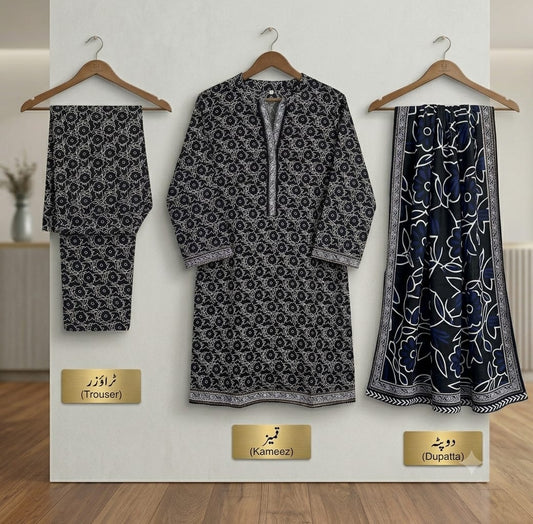 Indigo Geo-Floral Bareeza Pure Lawn Stitched Suit (3 PCS)