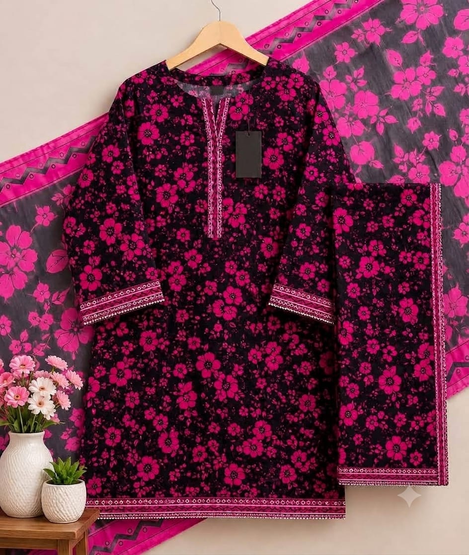 Magenta Bloom Bareeza Pure Lawn Stitched Suit (3 PCS)
