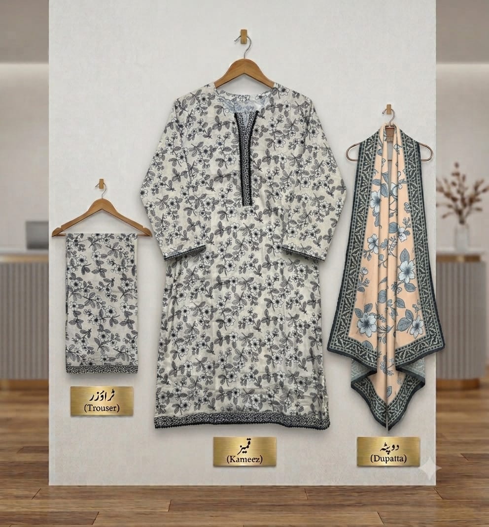 Monochrome Floral Bareeza Pure Lawn Stitched Suit (3 PCS)