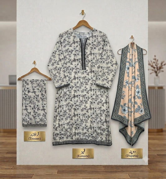 Monochrome Floral Bareeza Pure Lawn Stitched Suit (3 PCS)