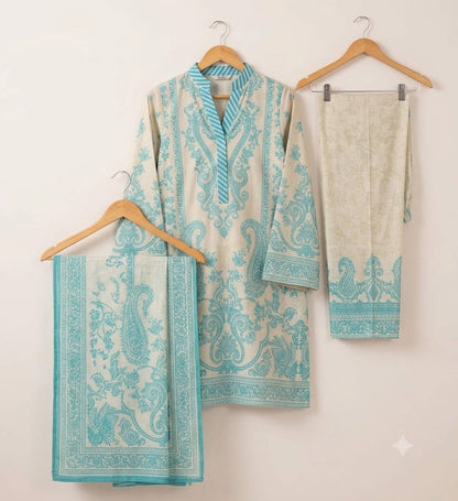 Premium Swiss Lawn 3-Piece Baroque Paisley Printed Suit – Ivory & Turquoise