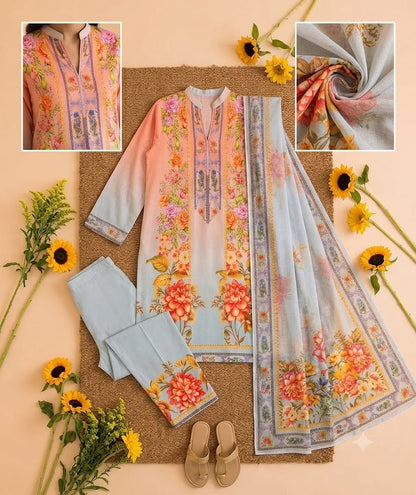 Premium Swiss Lawn 3-Piece Floral Printed Suit with Ombré Gradient – Pastel Peach & Gray
