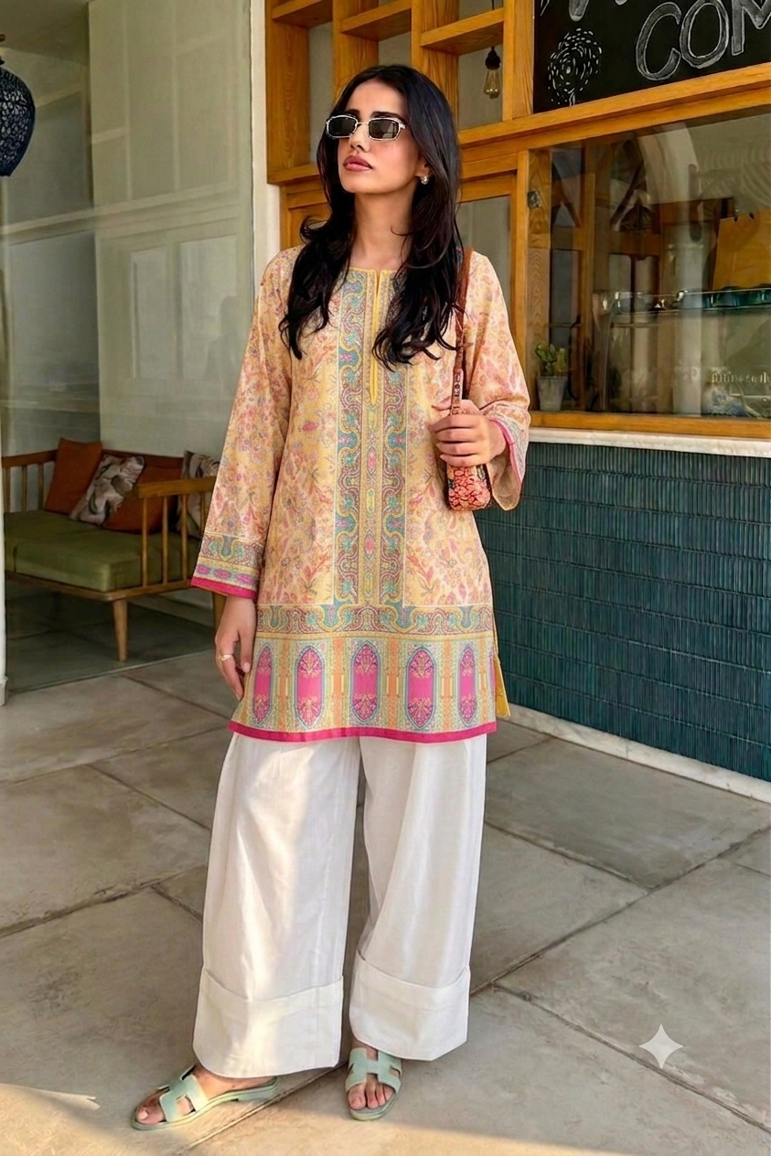 Golden Meadow Ethnic Kurta & Farshi Shalwar | Mustard & Magenta