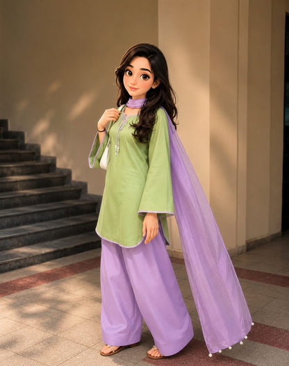 Trending Matcha Green & Purple Farshi Shalwar Set (3PC)