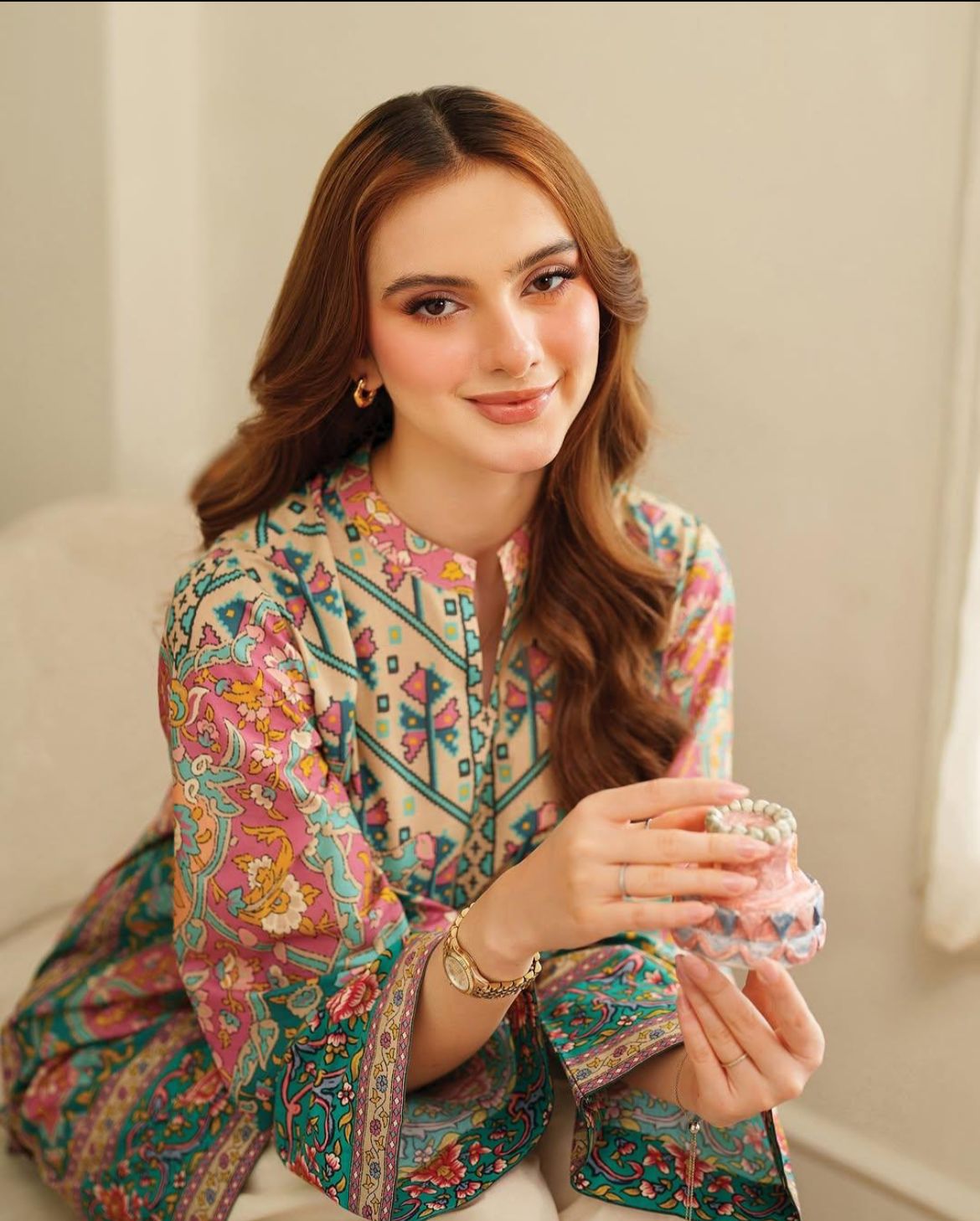 Teal & Coral Floral Medallion Printed Kurta & Farshi - Ethnic Summer Lawn