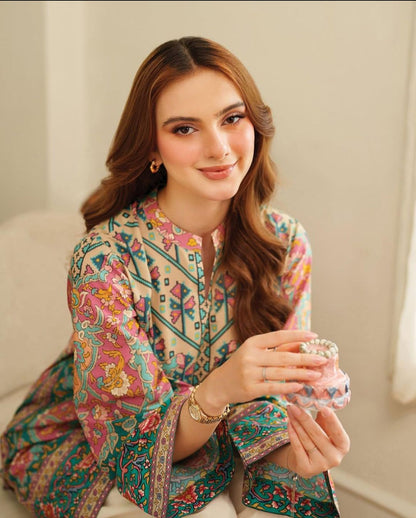 Teal & Coral Floral Medallion Printed Kurta & Farshi - Ethnic Summer Lawn