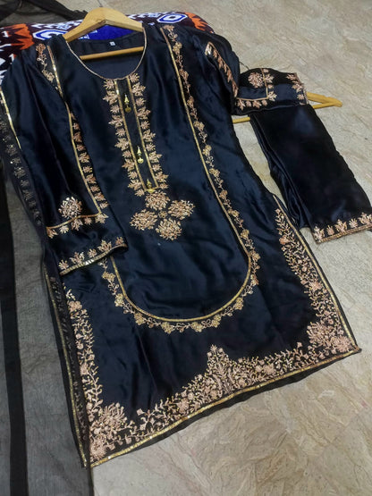 Sequins Embroidered Silk Kurti & Trouser Set with Chiffon Dupatta (3PC)
