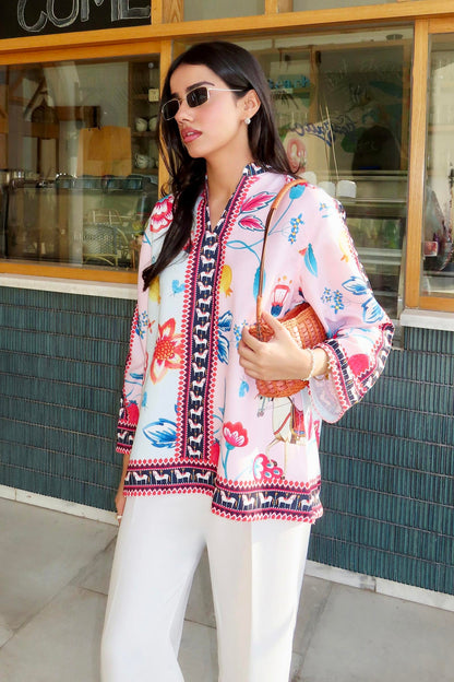 Dual-Tone Pink & Powder Blue Floral Printed Tunic with Farshi Shalwar – 2 Piece