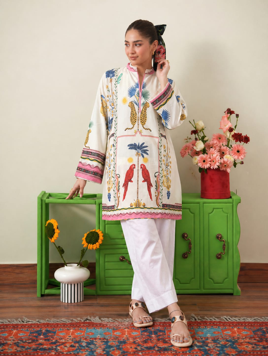 Tropical Safari Kurta & Farshi Shalwar | Ecru & Pink