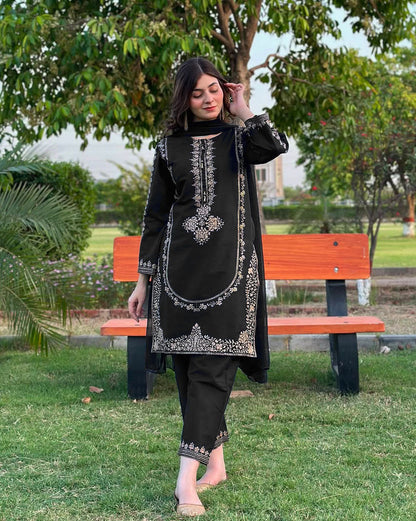 Sequins Embroidered Silk Kurti & Trouser Set with Chiffon Dupatta (3PC)