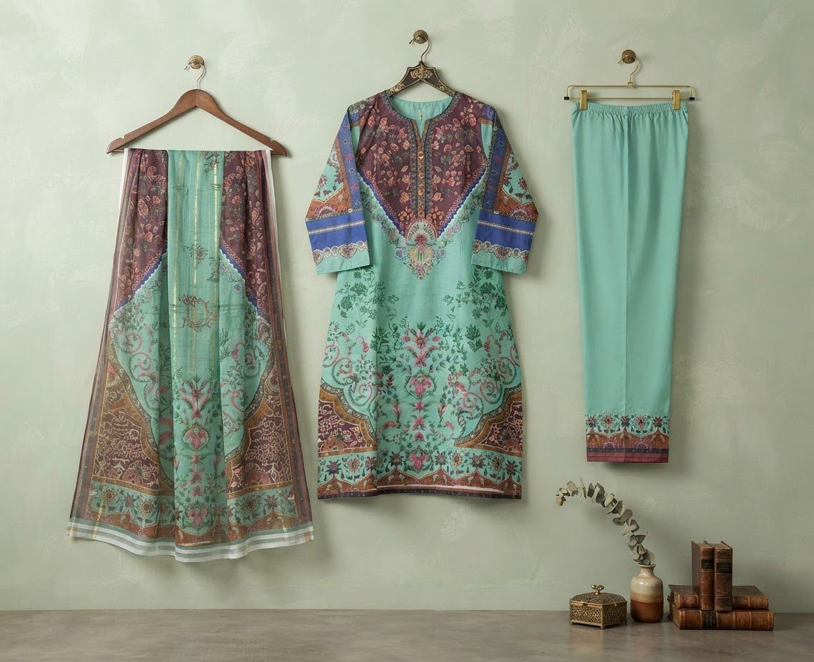 Mint Green & Deep Plum Floral Printed Lawn Frock Set (3PC)