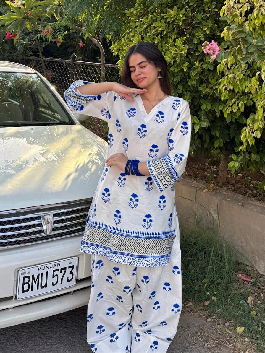 Blueberry Printed Cotton Kurti & Farshi Shalwar Set (2PC)