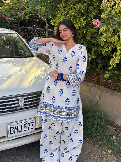 Blueberry Printed Cotton Kurti & Farshi Shalwar Set (2PC)