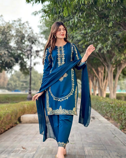 Sequins Embroidered Silk Kurti & Trouser Set with Chiffon Dupatta (3PC)