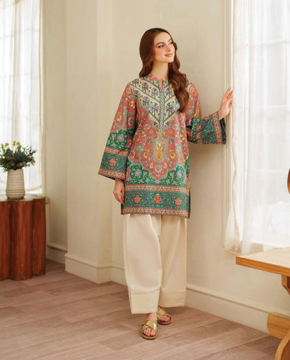 Teal & Coral Floral Medallion Printed Kurta & Farshi - Ethnic Summer Lawn