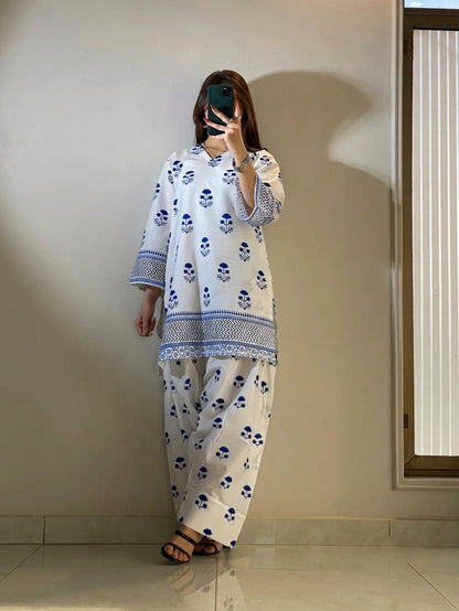 Blueberry Printed Cotton Kurti & Farshi Shalwar Set (2PC)