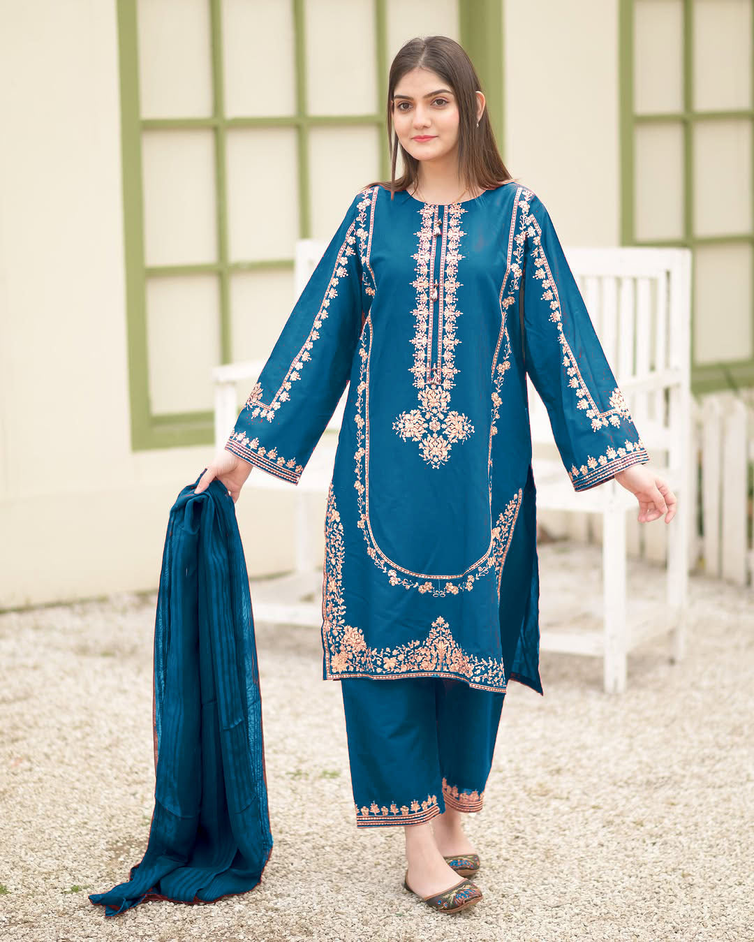 Sequins Embroidered Silk Kurti & Trouser Set with Chiffon Dupatta (3PC)