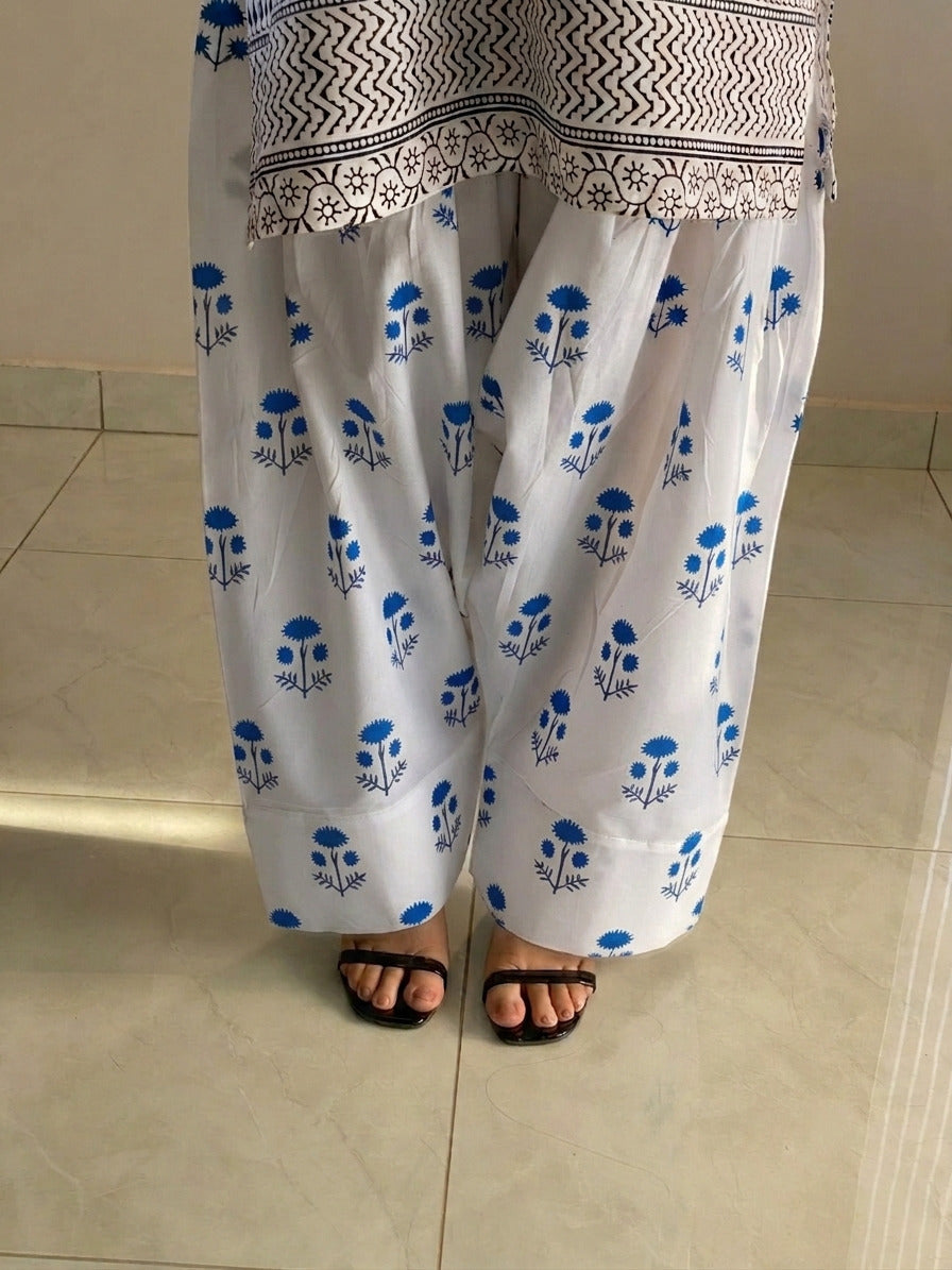 Blueberry Printed Cotton Kurti & Farshi Shalwar Set (2PC)