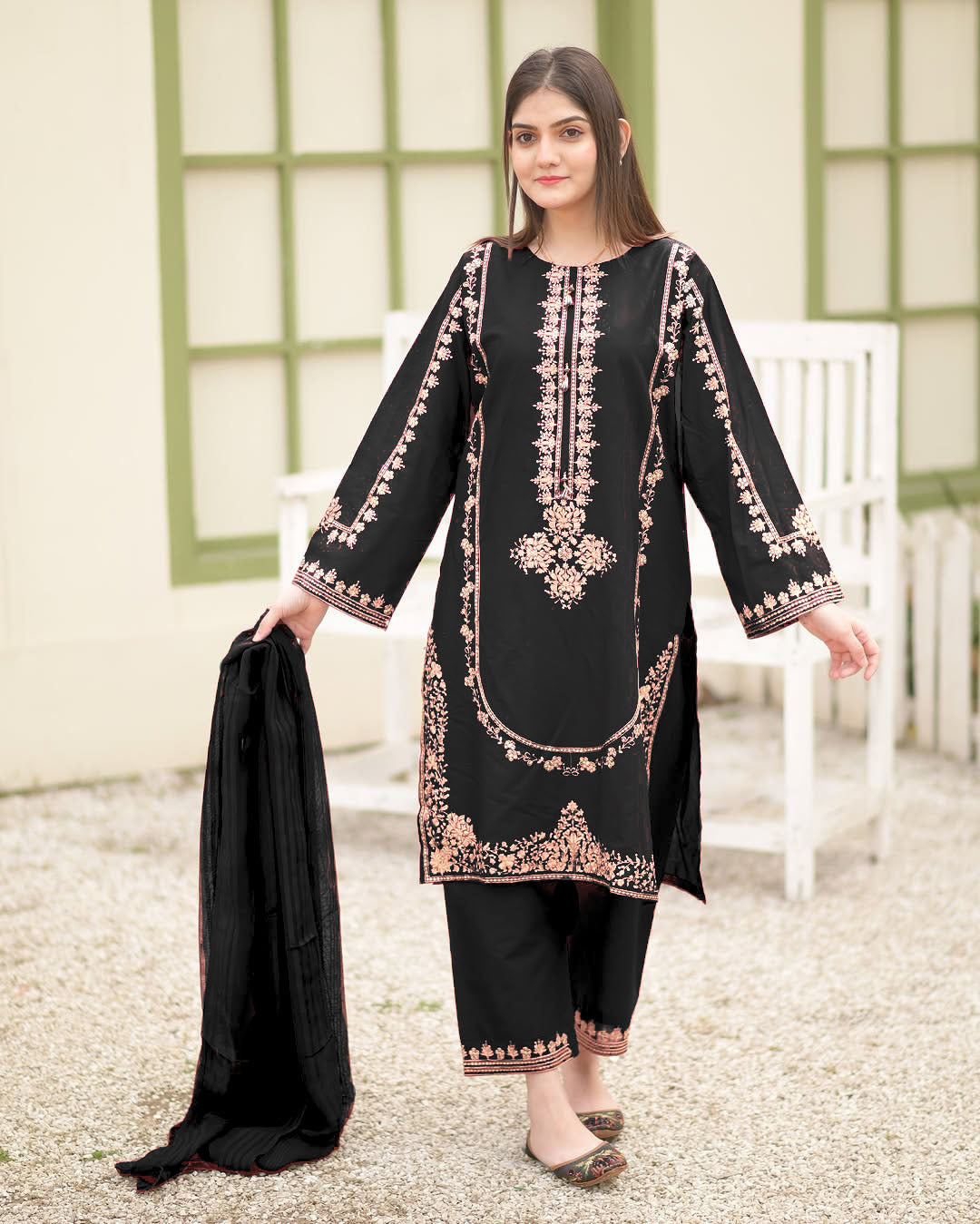 Sequins Embroidered Silk Kurti & Trouser Set with Chiffon Dupatta (3PC)