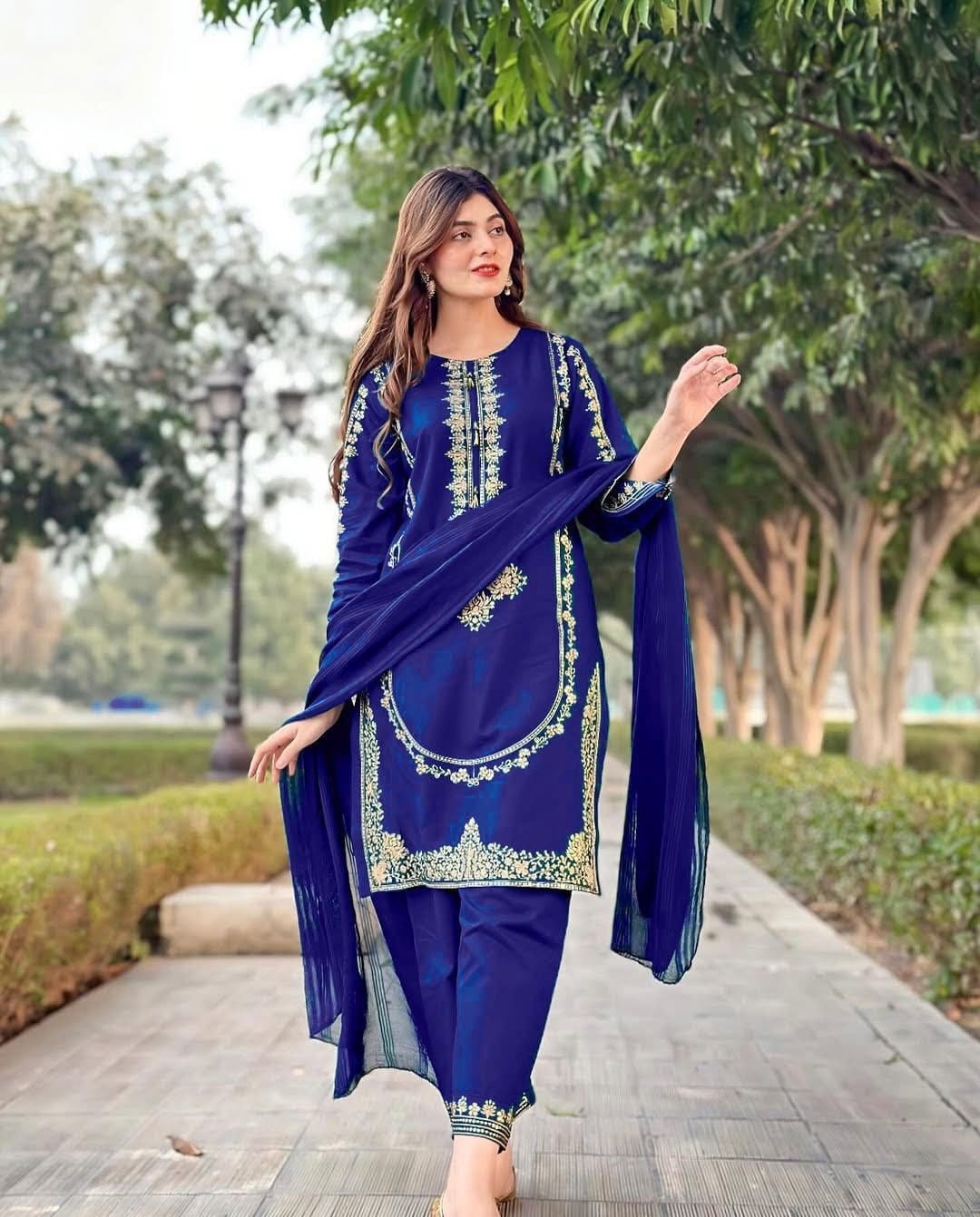 Sequins Embroidered Silk Kurti & Trouser Set with Chiffon Dupatta (3PC)