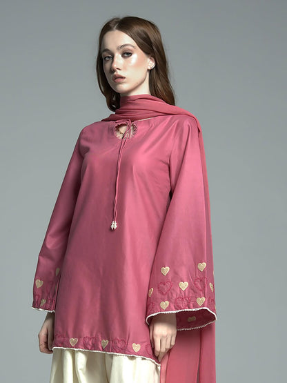 Macaron Embroidered Mauve Tunic & Off-White Heart Motif Wide & Farshi Shalwar-2 piece
