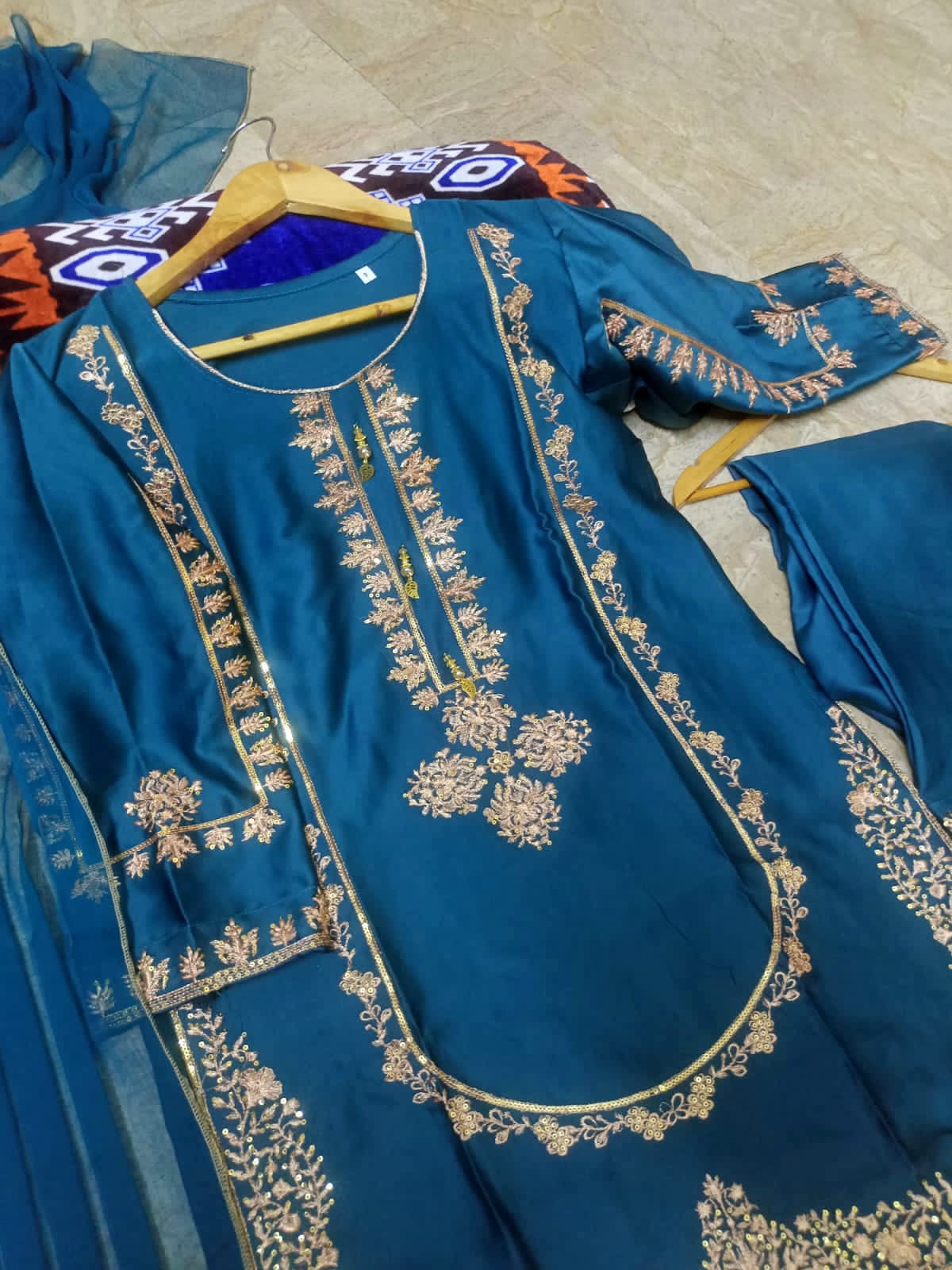 Sequins Embroidered Silk Kurti & Trouser Set with Chiffon Dupatta (3PC)