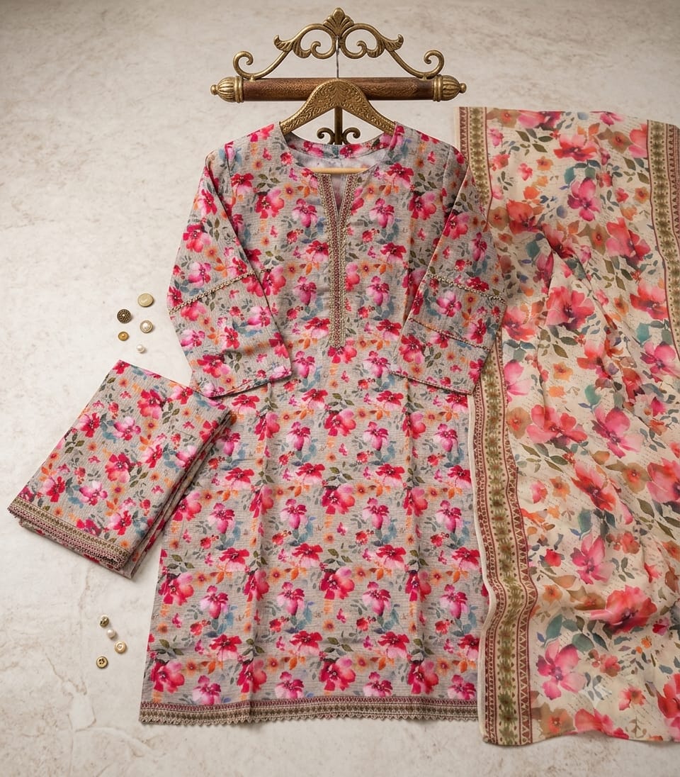 Blossom Mist Bareeza Pure Lawn Stitched Suit (3 PCS)