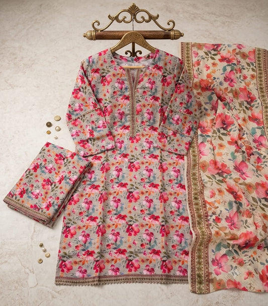 Blossom Mist Bareeza Pure Lawn Stitched Suit (3 PCS)