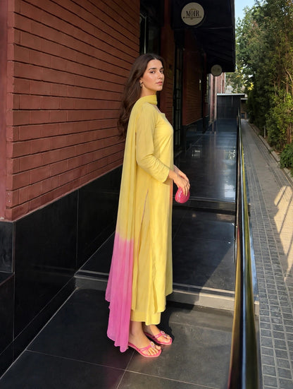 Long Length Boski Linen Shirt & Plazo with Dyed Dupatta (3PC)