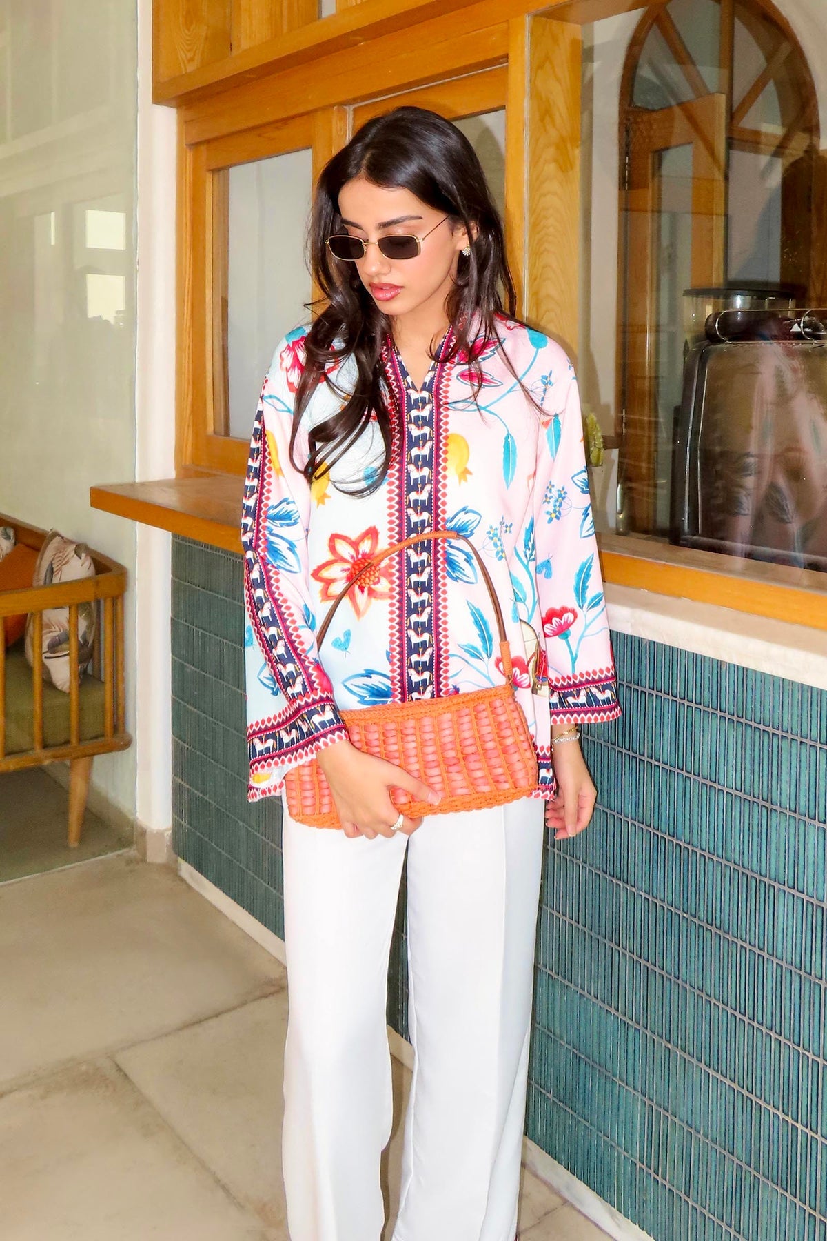 Dual-Tone Pink & Powder Blue Floral Printed Tunic with Farshi Shalwar – 2 Piece