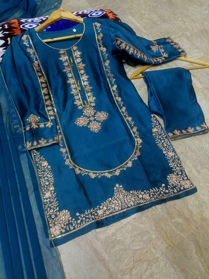 Sequins Embroidered Silk Kurti & Trouser Set with Chiffon Dupatta (3PC)