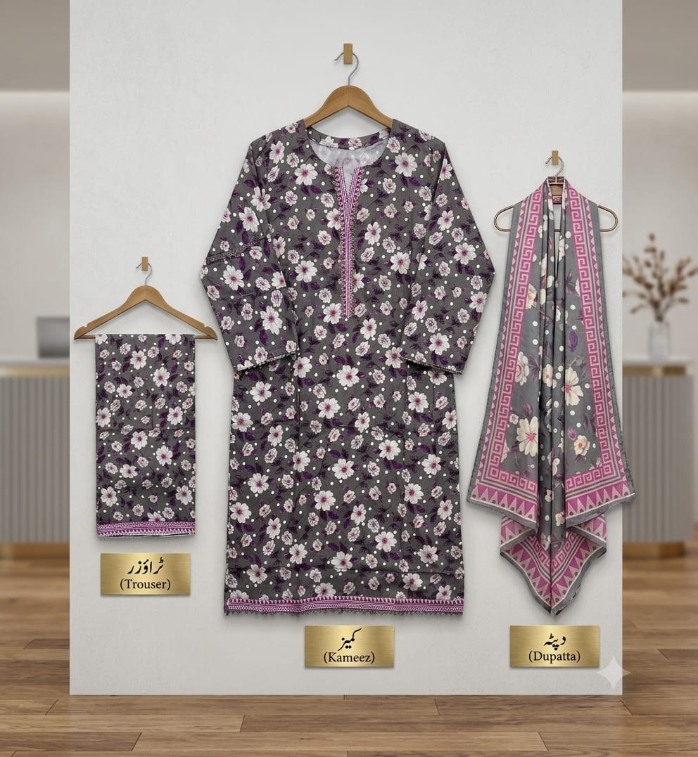 Charcoal Blossom Bareeza Pure Lawn Stitched Suit (3 PCS)