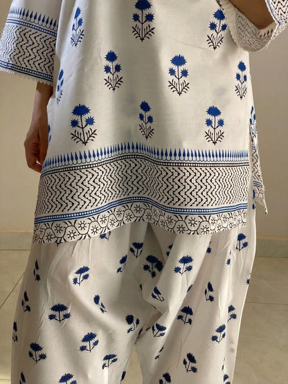 Blueberry Printed Cotton Kurti & Farshi Shalwar Set (2PC)