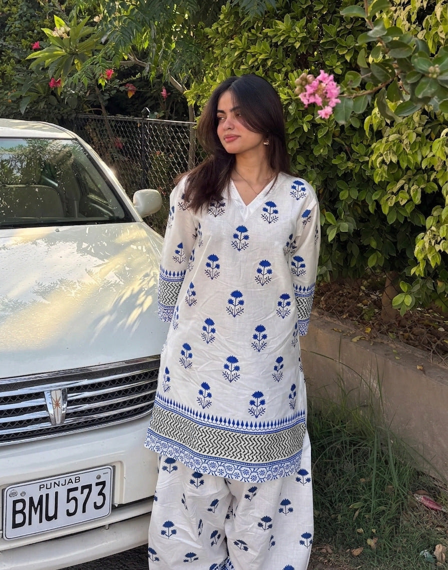 Blueberry Printed Cotton Kurti & Farshi Shalwar Set (2PC)