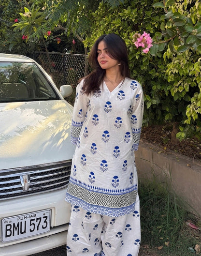 Blueberry Printed Cotton Kurti & Farshi Shalwar Set (2PC)