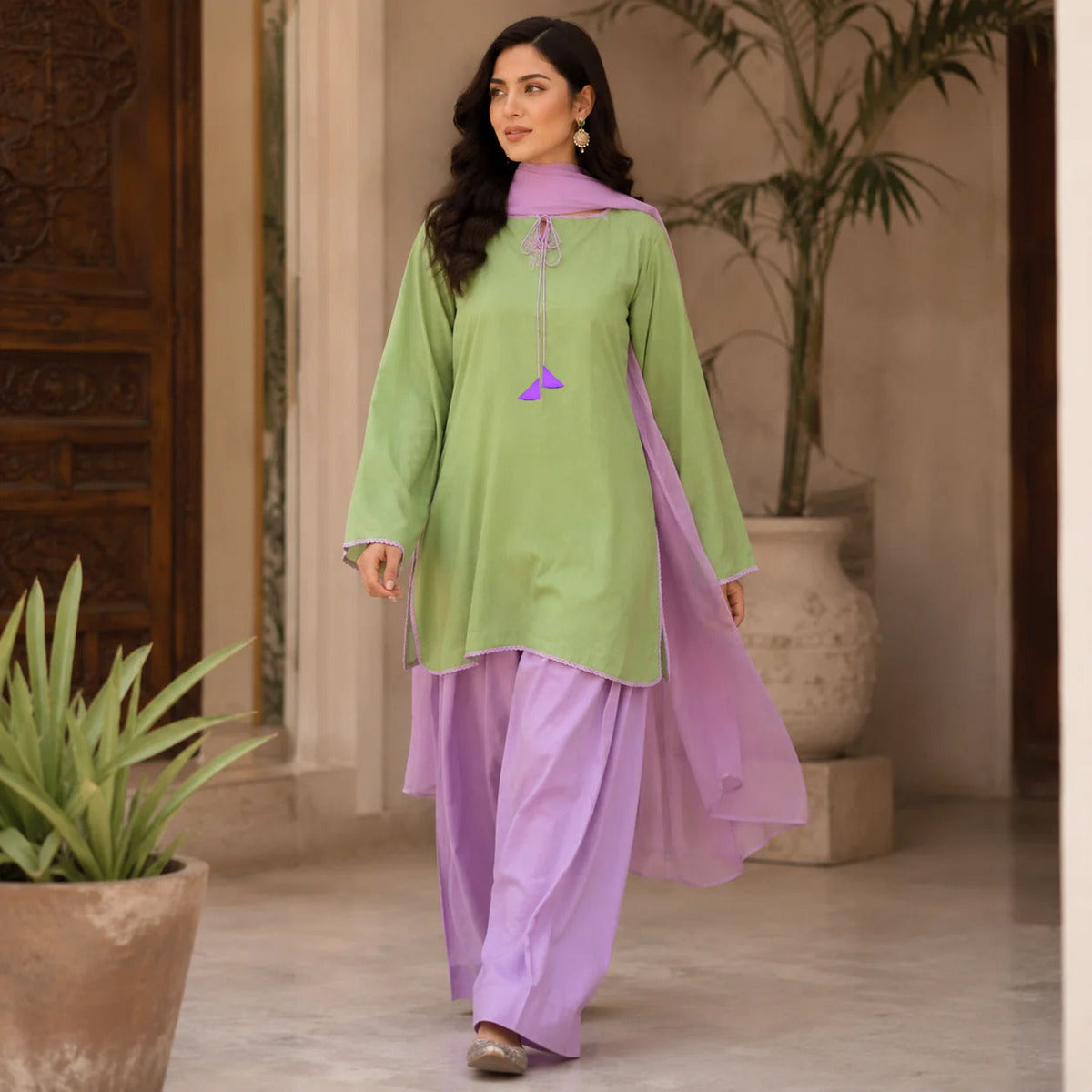 Trending Matcha Green & Purple Farshi Shalwar Set (3PC)
