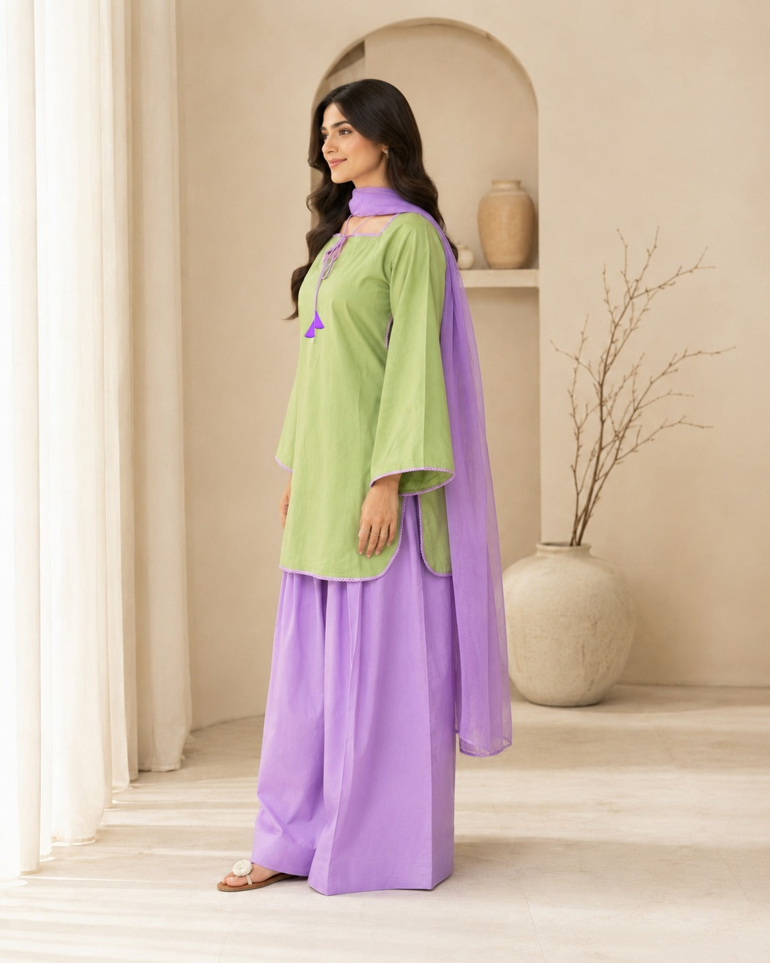 Trending Matcha Green & Purple Farshi Shalwar Set (3PC)