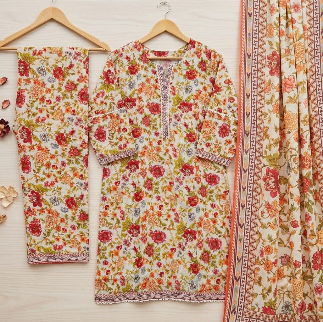 Ivory Bloom Bareeza Pure Lawn Stitched Suit (3 PCS)