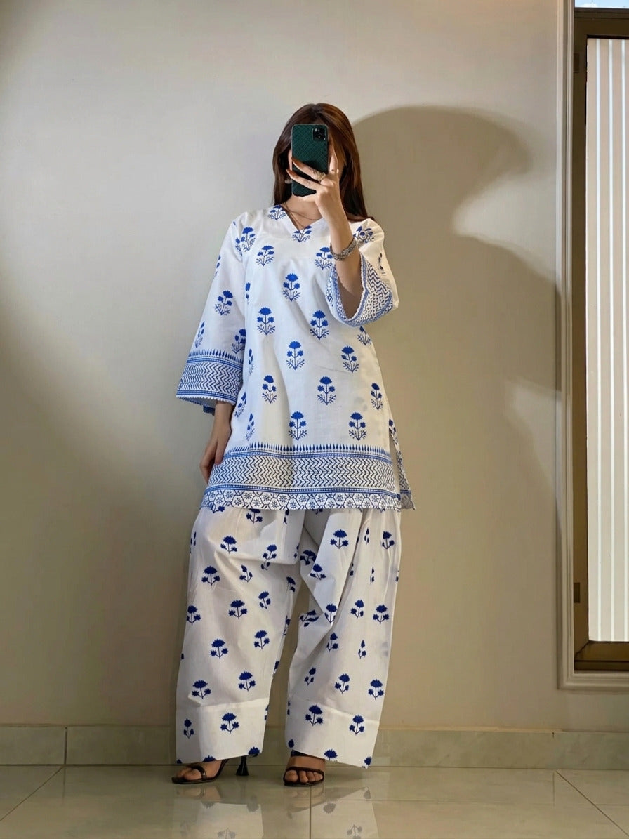 Blueberry Printed Cotton Kurti & Farshi Shalwar Set (2PC)