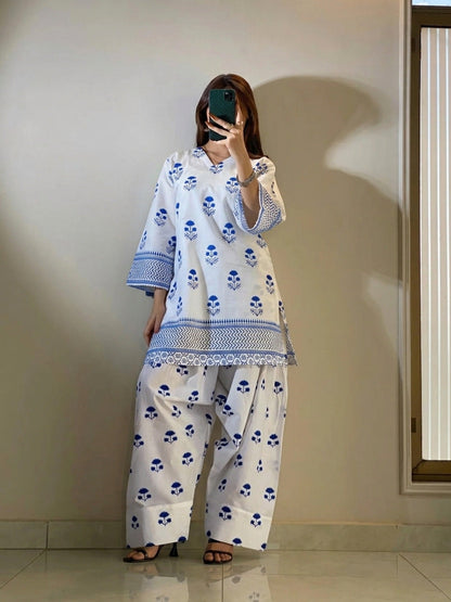 Blueberry Printed Cotton Kurti & Farshi Shalwar Set (2PC)