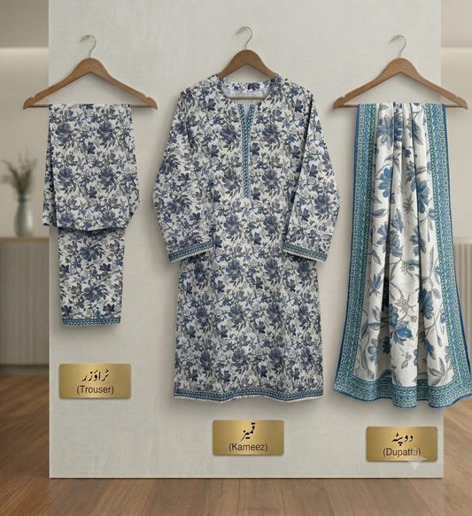 Slate Floral Bareeza Pure Lawn Stitched Suit (3 PCS)