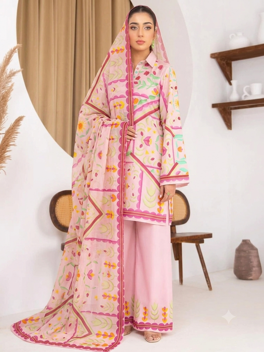Pastel Pink Folk Floral Printed Lawn Kurti & Farshi Shalwar 3-Piece Set
