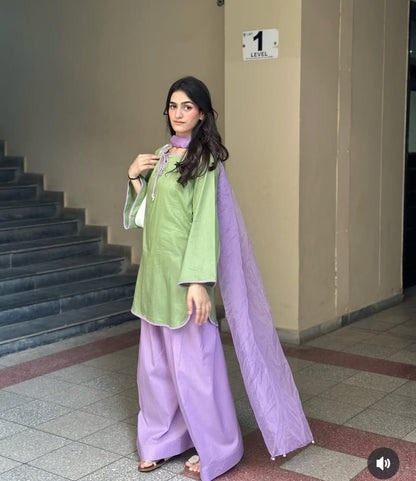 Trending Matcha Green & Purple Farshi Shalwar Set (3PC)